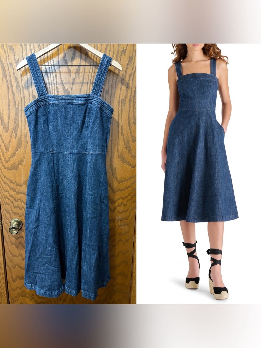 Steve Madden Dolly Dark Denim Fit & Flare Midi Dress Pockets Square Neckline 8
